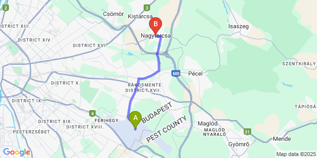 Map: Budapest Airport (BUD), Ferihegy, Liszt Ferenc to Nagytarcsa