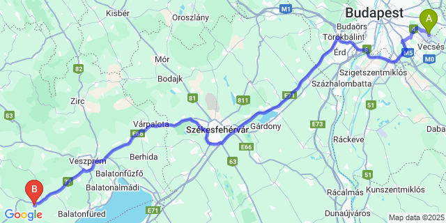 Map: Budapest Airport (BUD), Ferihegy, Liszt Ferenc to Nagyvázsony