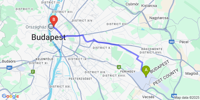 Map: Budapest Airport (BUD), Ferihegy, Liszt Ferenc to NH Budapest City