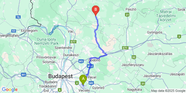 Map: Budapest Airport (BUD), Ferihegy, Liszt Ferenc to Nógrádkövesd