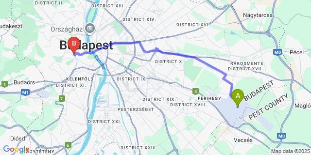 Map: Budapest Airport (BUD), Ferihegy, Liszt Ferenc to Novotel Budapest City