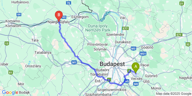 Map: Budapest Airport (BUD), Ferihegy, Liszt Ferenc to Nyergesújfalu