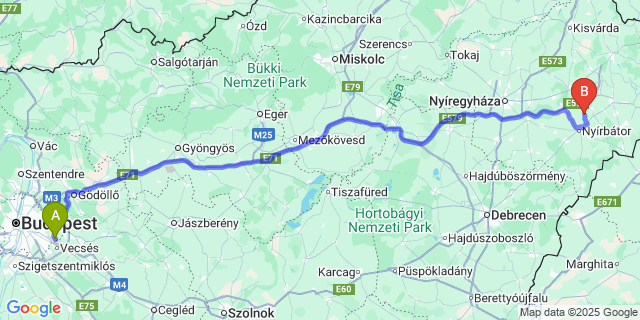 Map: Budapest Airport (BUD), Ferihegy, Liszt Ferenc to Nyírderzs