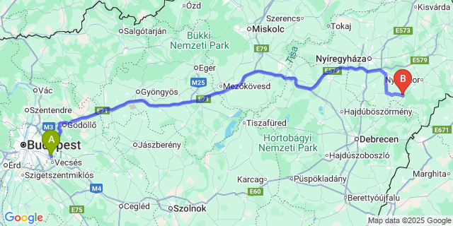 Map: Budapest Airport (BUD), Ferihegy, Liszt Ferenc to Nyírgelse