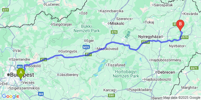 Map: Budapest Airport (BUD), Ferihegy, Liszt Ferenc to Nyírkércs
