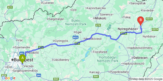 Map: Budapest Airport (BUD), Ferihegy, Liszt Ferenc to Nyírpazony