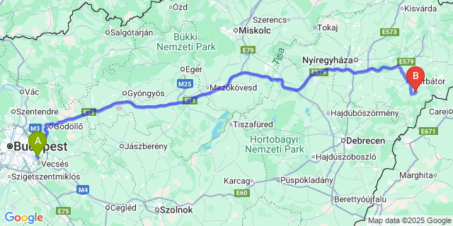 Map: Budapest Airport (BUD), Ferihegy, Liszt Ferenc to Nyírpilis