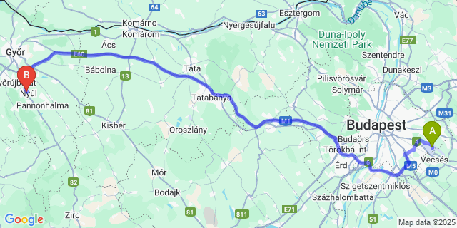 Map: Budapest Airport (BUD), Ferihegy, Liszt Ferenc to Nyúl