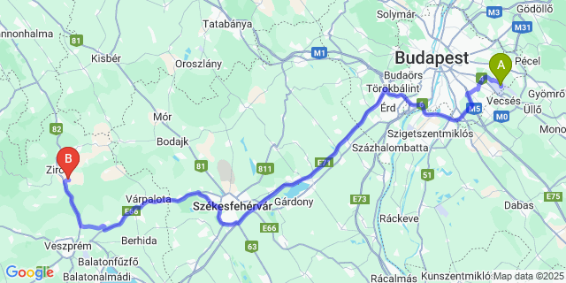 Map: Budapest Airport (BUD), Ferihegy, Liszt Ferenc to Olaszfalu