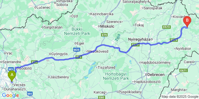 Map: Budapest Airport (BUD), Ferihegy, Liszt Ferenc to Olcsvaapáti