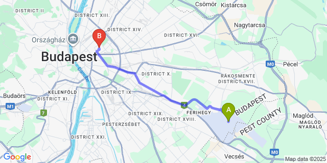 Map: Budapest Airport (BUD), Ferihegy, Liszt Ferenc to Onyx Luxury Budapest