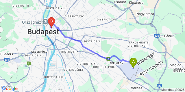 Map: Budapest Airport (BUD), Ferihegy, Liszt Ferenc to Operett Residence