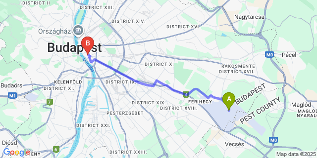 Map: Budapest Airport (BUD), Ferihegy, Liszt Ferenc to Osiris Budapest Apartments