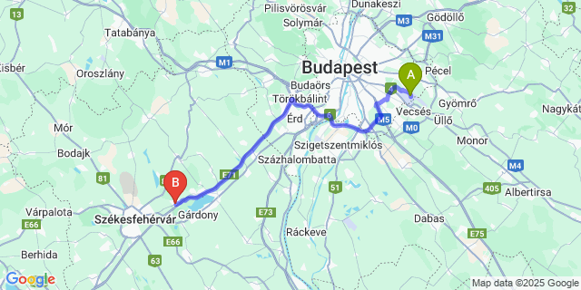 Map: Budapest Airport (BUD), Ferihegy, Liszt Ferenc to Pákozd