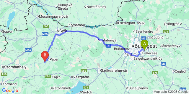 Map: Budapest Airport (BUD), Ferihegy, Liszt Ferenc to Pápadereske