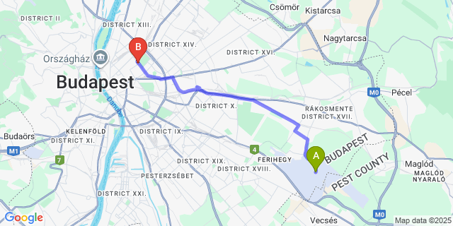 Map: Budapest Airport (BUD), Ferihegy, Liszt Ferenc to Park&Art Mini Boutique Hotel