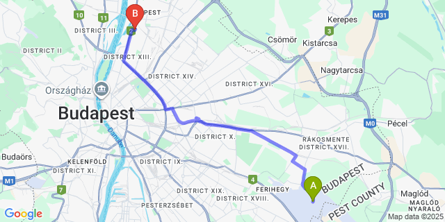 Map: Budapest Airport (BUD), Ferihegy, Liszt Ferenc to Park Inn by Radisson Budapest