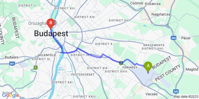 Map: Budapest Airport (BUD), Ferihegy, Liszt Ferenc to Park Plaza Budapest