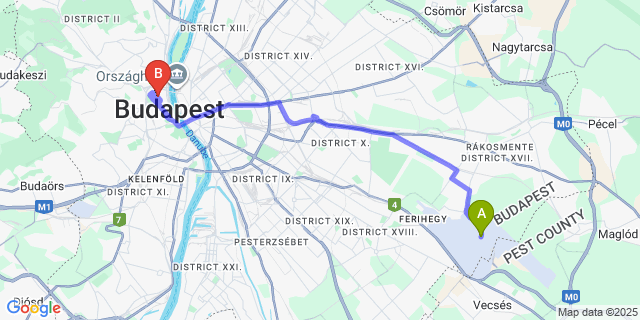 Map: Budapest Airport (BUD), Ferihegy, Liszt Ferenc to Pest-Buda Design Hotel by Zsidai Hotels