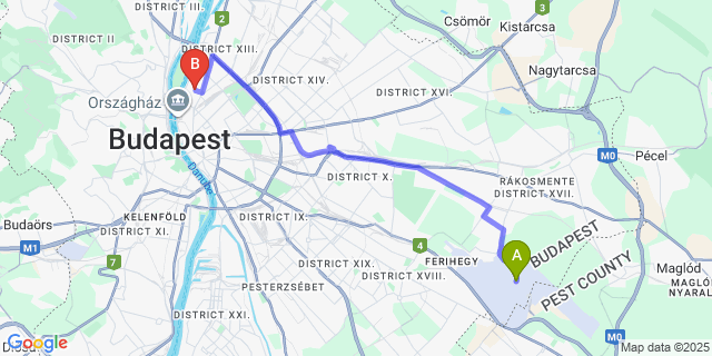 Map: Budapest Airport (BUD), Ferihegy, Liszt Ferenc to Peter’s Apartments