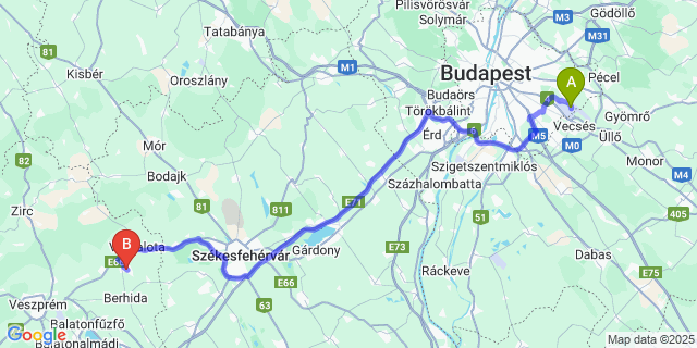 Map: Budapest Airport (BUD), Ferihegy, Liszt Ferenc to Pétfürdő