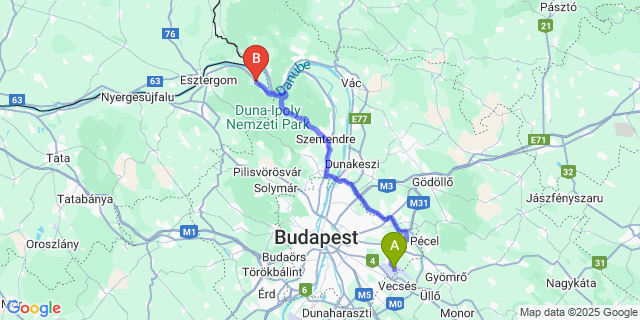 Map: Budapest Airport (BUD), Ferihegy, Liszt Ferenc to Pilismarót