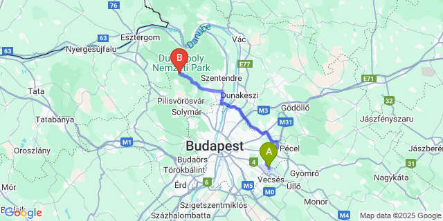 Map: Budapest Airport (BUD), Ferihegy, Liszt Ferenc to Pilisszentkereszt