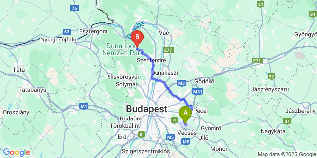 Map: Budapest Airport (BUD), Ferihegy, Liszt Ferenc to Pilisszentlászló