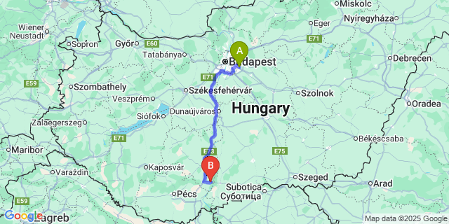 Map: Budapest Airport (BUD), Ferihegy, Liszt Ferenc to Pörböly