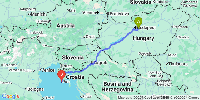 Map: Budapest Airport (BUD), Ferihegy, Liszt Ferenc to Pula