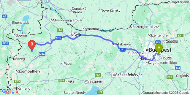 Map: Budapest Airport (BUD), Ferihegy, Liszt Ferenc to Pusztacsalád