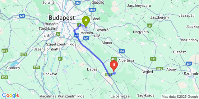 Map: Budapest Airport (BUD), Ferihegy, Liszt Ferenc to Pusztavacs