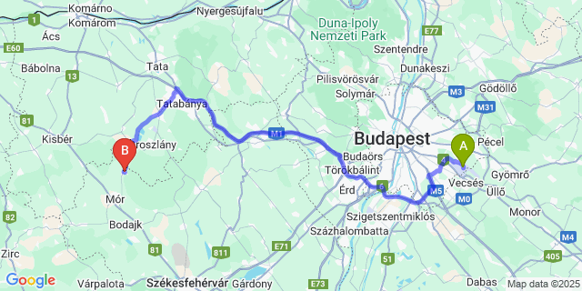 Map: Budapest Airport (BUD), Ferihegy, Liszt Ferenc to Pusztavám