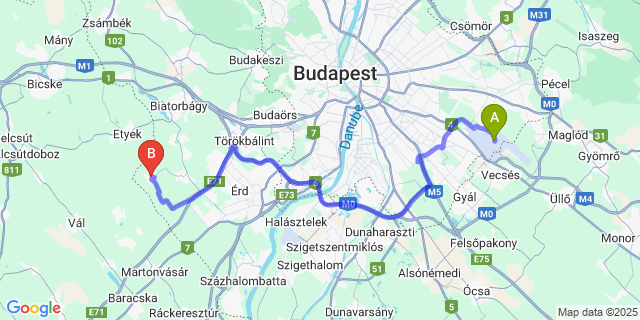 Map: Budapest Airport (BUD), Ferihegy, Liszt Ferenc to Pusztazámor