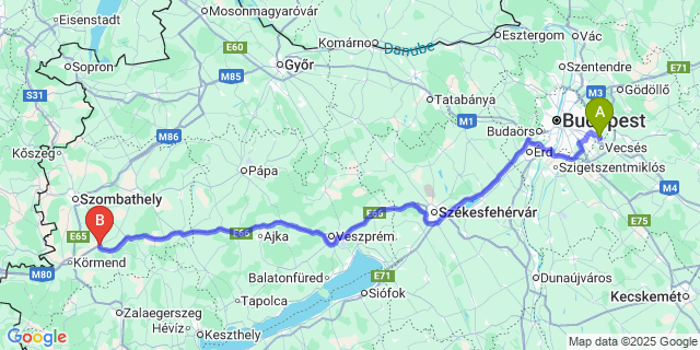 Map: Budapest Airport (BUD), Ferihegy, Liszt Ferenc to Rábahídvég