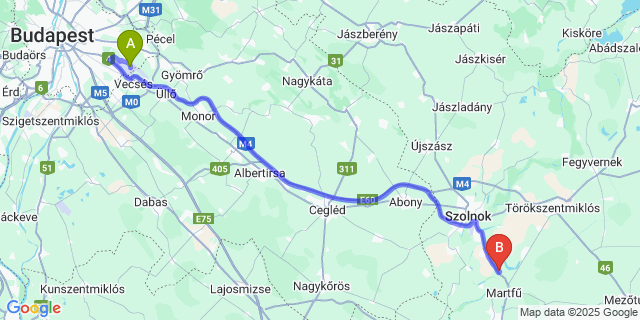 Map: Budapest Airport (BUD), Ferihegy, Liszt Ferenc to Rákócziújfalu