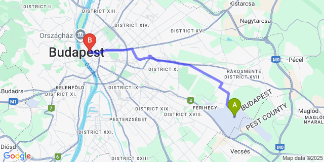 Map: Budapest Airport (BUD), Ferihegy, Liszt Ferenc to Roombach Hotel Budapest Center