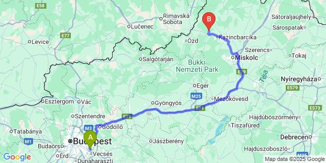 Map: Budapest Airport (BUD), Ferihegy, Liszt Ferenc to Sajógalgóc