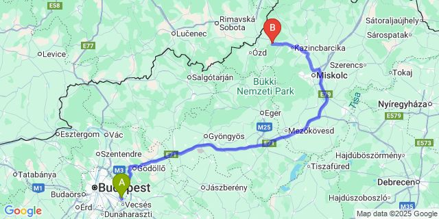 Map: Budapest Airport (BUD), Ferihegy, Liszt Ferenc to Sajóvelezd