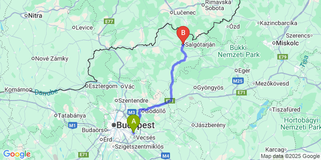 Map: Budapest Airport (BUD), Ferihegy, Liszt Ferenc to Salgótarján