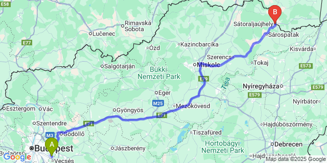 Map: Budapest Airport (BUD), Ferihegy, Liszt Ferenc to Sátoraljaújhely