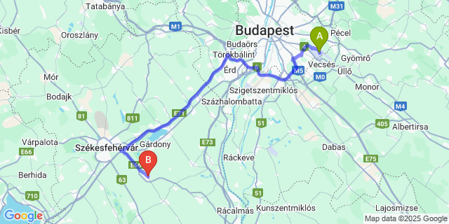 Map: Budapest Airport (BUD), Ferihegy, Liszt Ferenc to Seregélyes