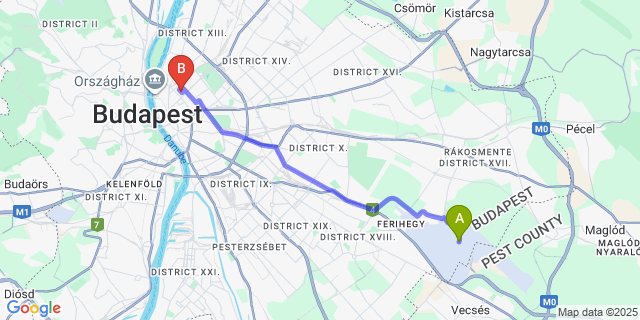 Map: Budapest Airport (BUD), Ferihegy, Liszt Ferenc to Serenity Boutique Budapest