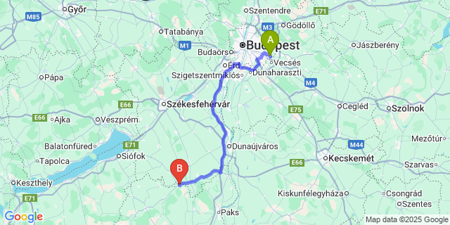 Map: Budapest Airport (BUD), Ferihegy, Liszt Ferenc to Simontornya