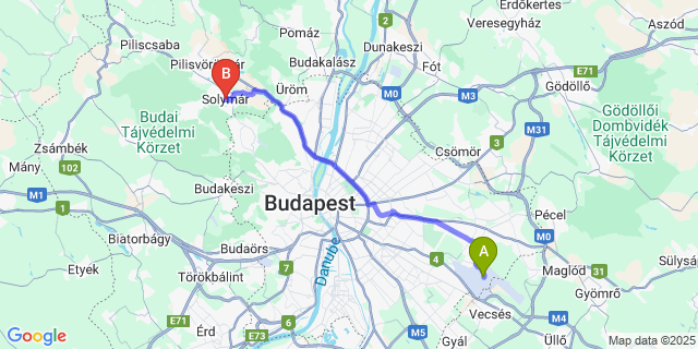 Map: Budapest Airport (BUD), Ferihegy, Liszt Ferenc to Solymár