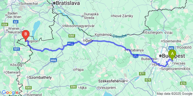 Map: Budapest Airport (BUD), Ferihegy, Liszt Ferenc to Sopron VOLT Festival