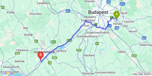 Map: Budapest Airport (BUD), Ferihegy, Liszt Ferenc to Szabadbattyán