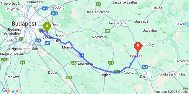 Map: Budapest Airport (BUD), Ferihegy, Liszt Ferenc to Szászberek