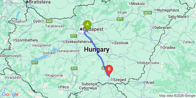 Map: Budapest Airport (BUD), Ferihegy, Liszt Ferenc to Szatymaz