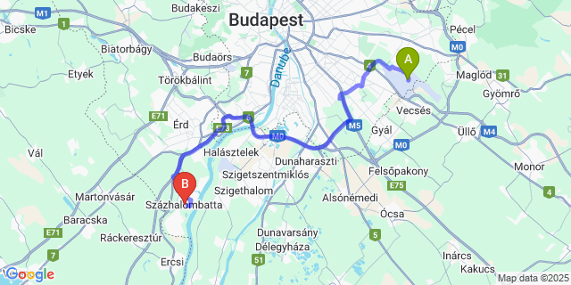 Map: Budapest Airport (BUD), Ferihegy, Liszt Ferenc to Százhalombatta